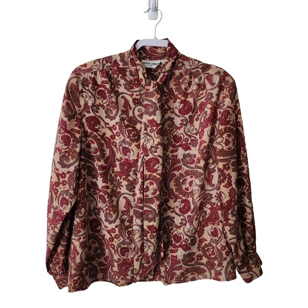Alfred Dunner Womens Tie-Neck Button-Down Blouse Brown Tan Red Paisley Size 18